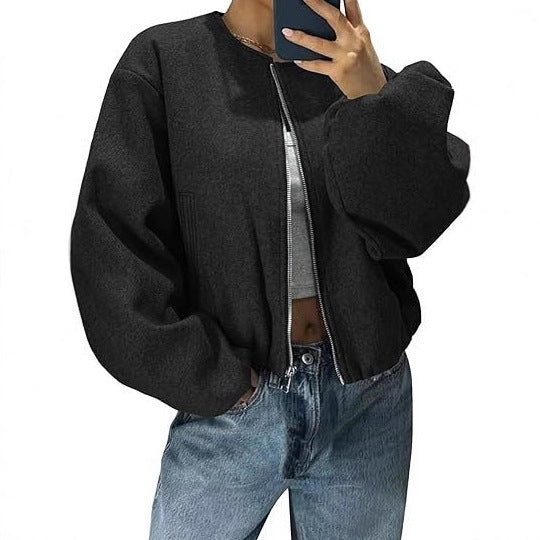 Damen Kurzjacke mit durchgehendem Reißverschluss, Ballonärmeln und elastischem Saum Shop Nory
