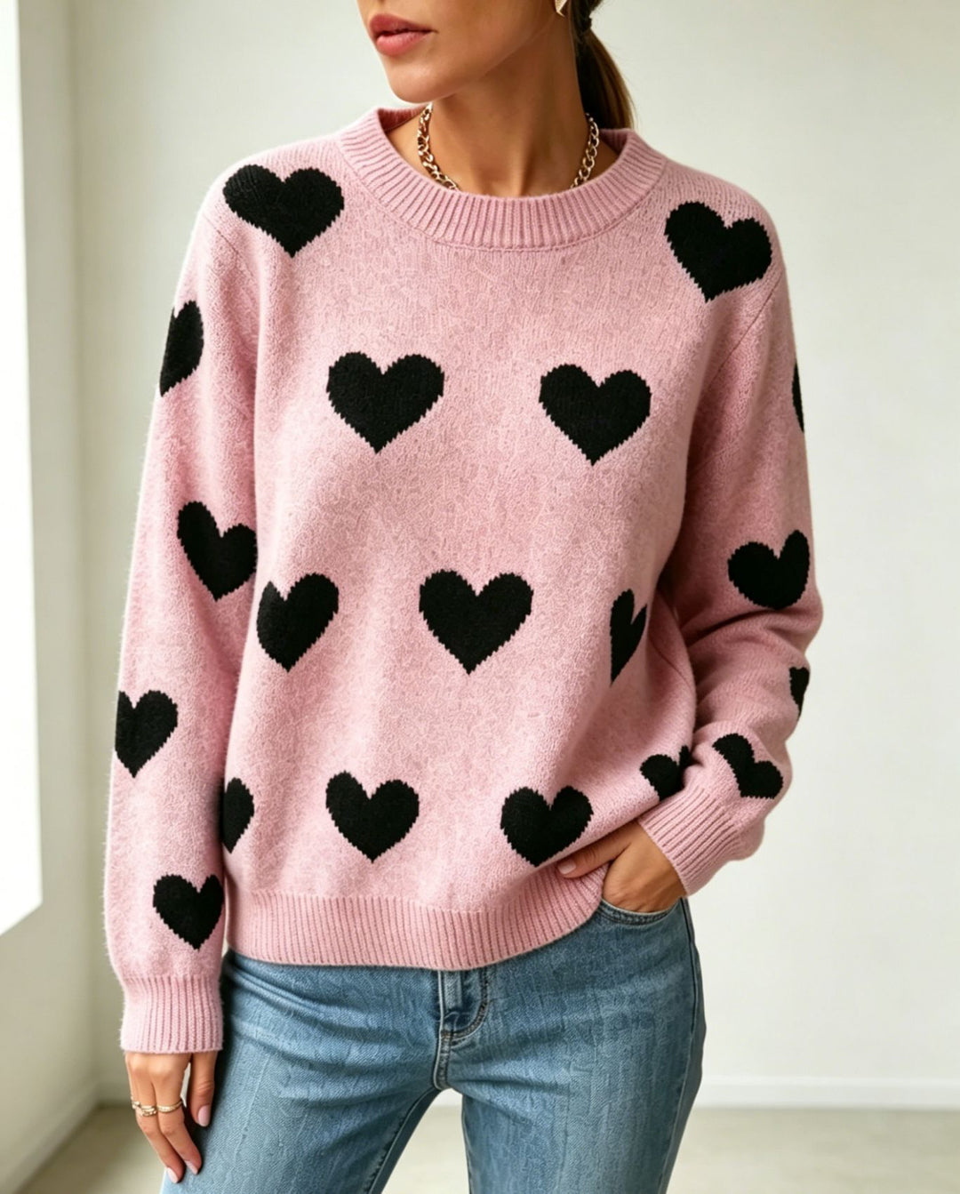 Damen Herz-Intarsien Rundhalspullover mit lässiger Oversize-Passform Shop Nory