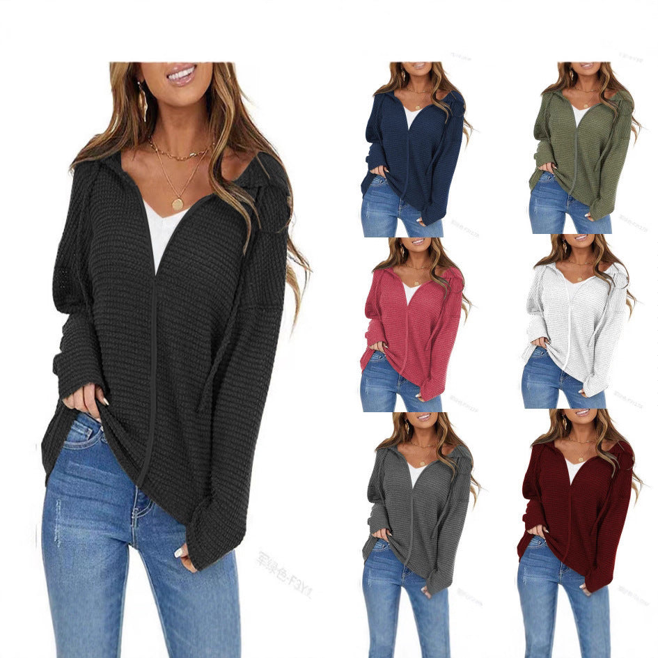 Damen Oversize Waffelstrick-Kapuzenpullover mit Reißverschluss Shop Nory