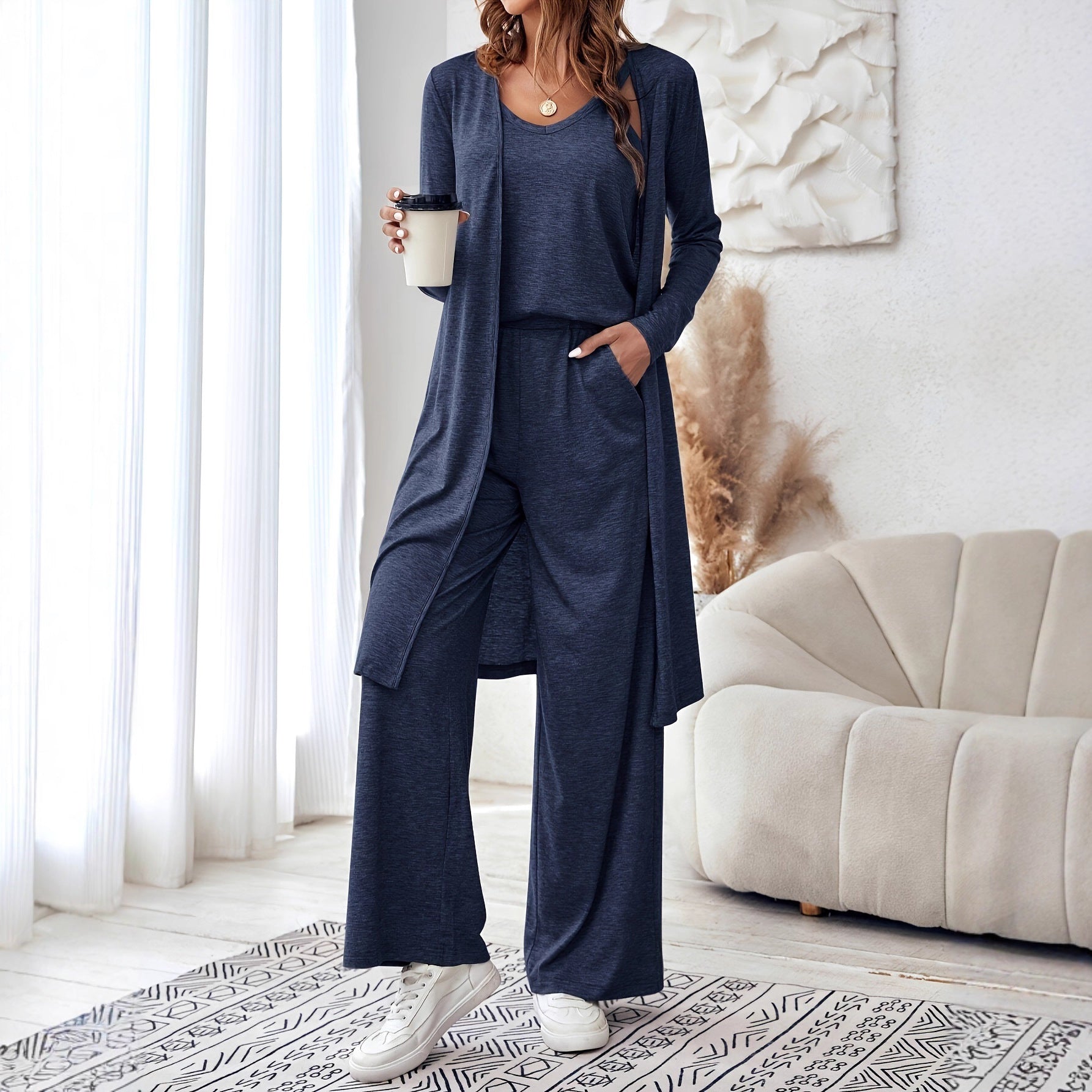 Damen Freizeit-Set mit weichem Langarm-Kimono und bequemen Hosen