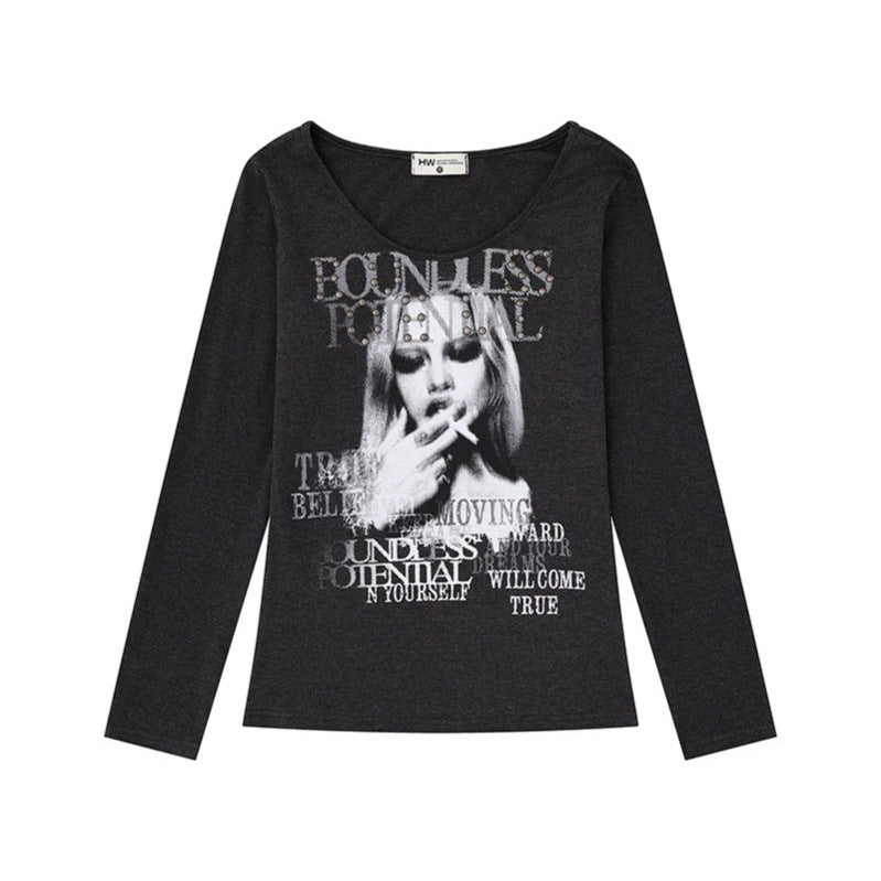 Damen Longsleeve-Shirt mit Fotoprint und Nietenapplikation Shop Nory