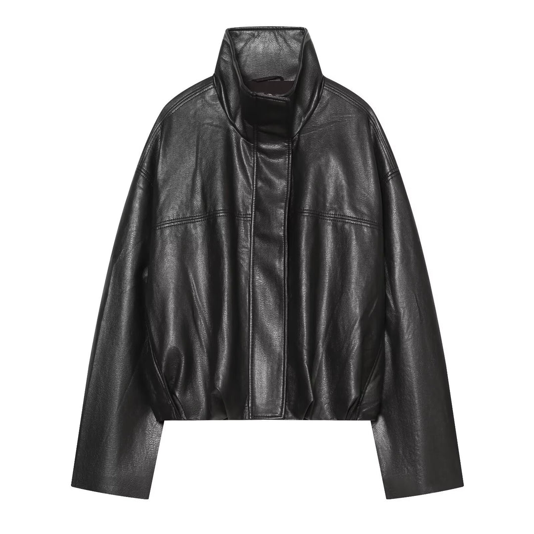 Damen Cropped Boxy Kunstlederjacke mit hohem Funnelkragen und verdeckter Leiste Shop Nory