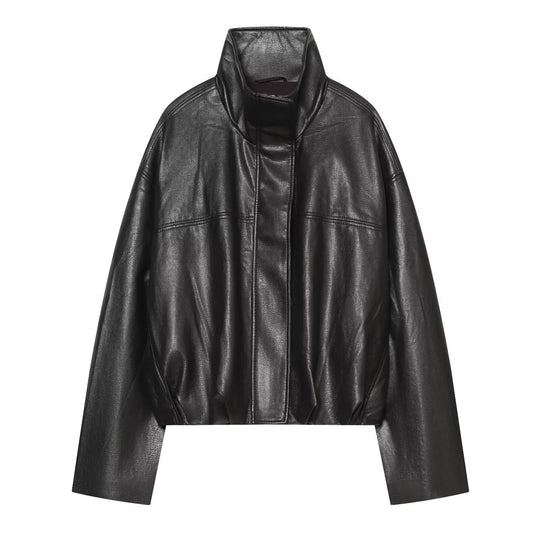 Damen Cropped Boxy Kunstlederjacke mit hohem Funnelkragen und verdeckter Leiste Shop Nory
