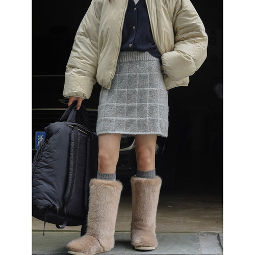 Damen Gestrickter Karomuster-Minirock mit hohem Bund Shop Nory