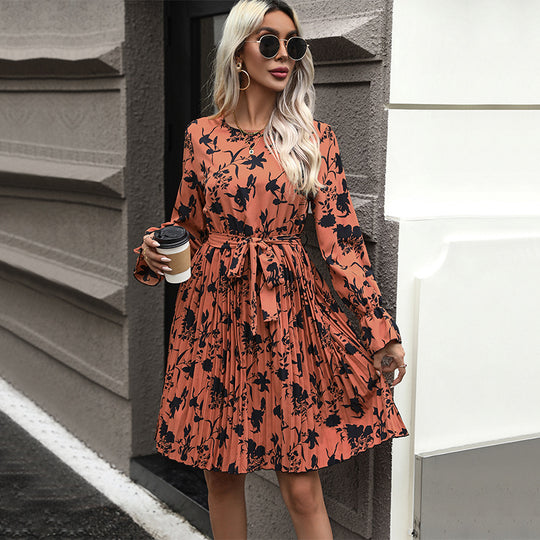 Damen Plissiertes Midikleid mit Bindegürtel, langärmeliger A‑Linie und floralem Allover-Print Shop Nory