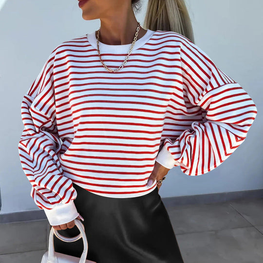 Damen lässiges gestreiftes Sweatshirt mit Boxy-Schnitt und kontrastierenden Abschlüssen Shop Nory