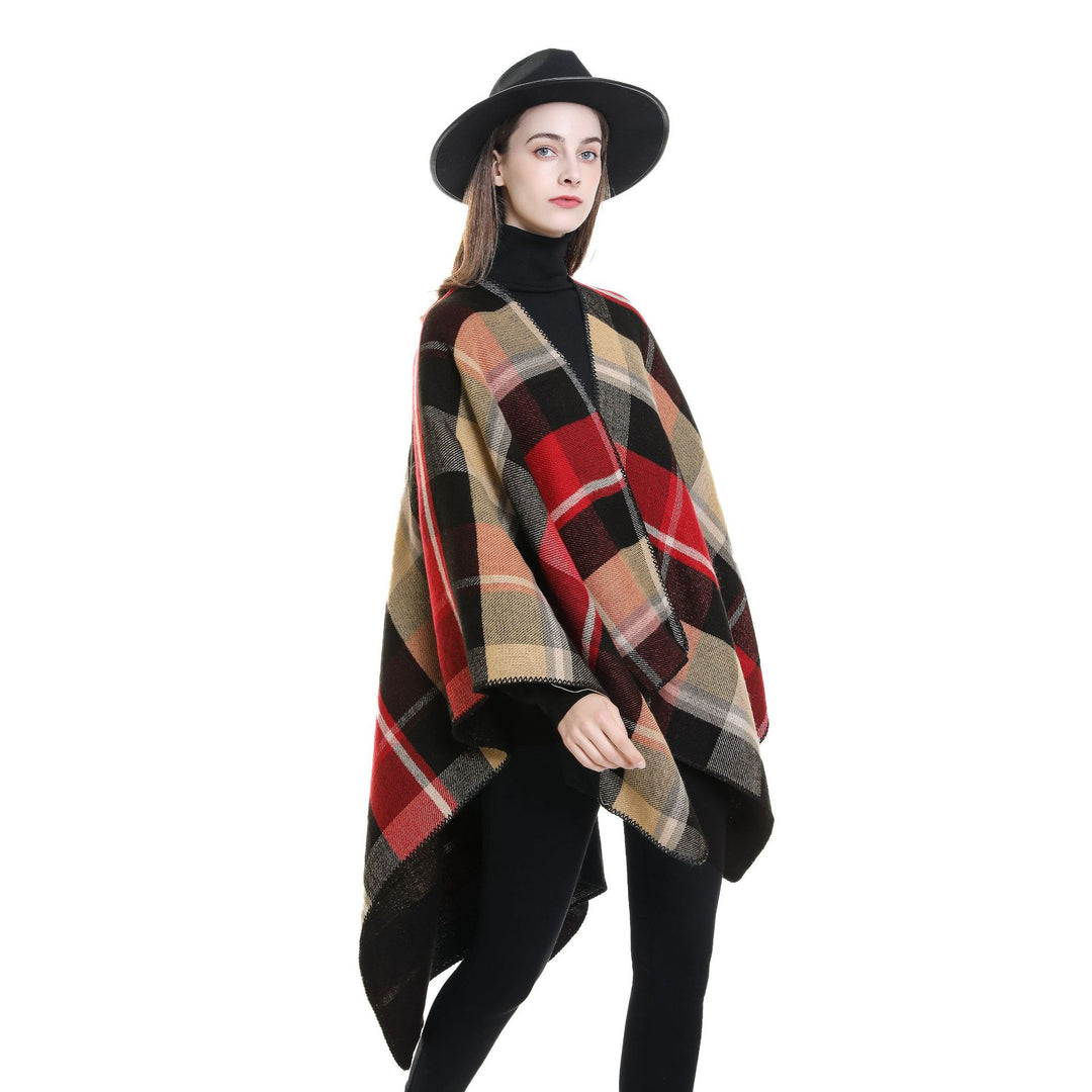 Damen Oversize-Rechteckponcho im Cape-Look mit Kettelsaum und Karomuster Shop Nory
