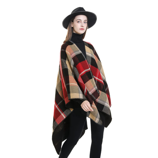 Damen Oversize-Rechteckponcho im Cape-Look mit Kettelsaum und Karomuster Shop Nory
