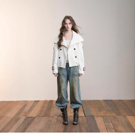 Damen Oversized Doppelreihige Trench-Bomberjacke mit hohem Stehkragen Shop Nory