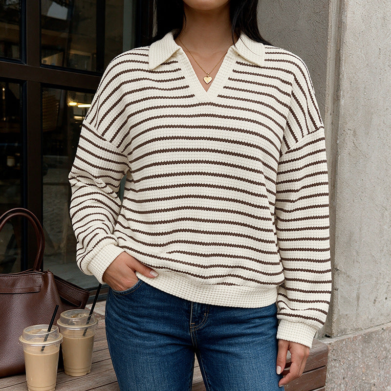 Damen Stylischer V-Ausschnitt Pullover mit Streifen Shop Nory