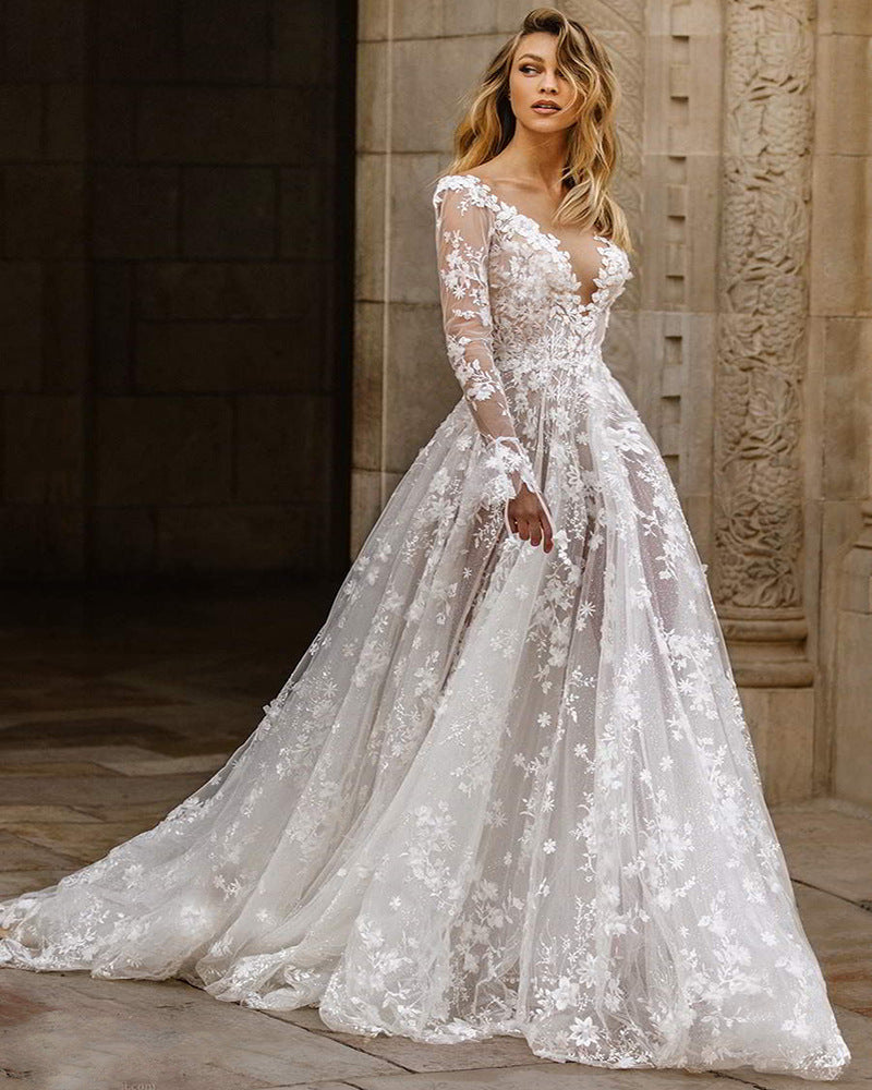Damen Elegantes Hochzeitskleid mit floralen Spitzenapplikationen und tiefem V-Ausschnitt