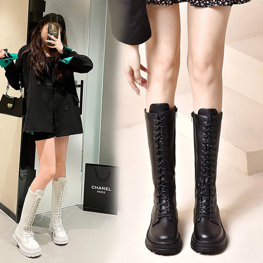 Damen Kniehohe Schnürstiefel mit seitlichem Reißverschluss und grober Profilsohle Shop Nory