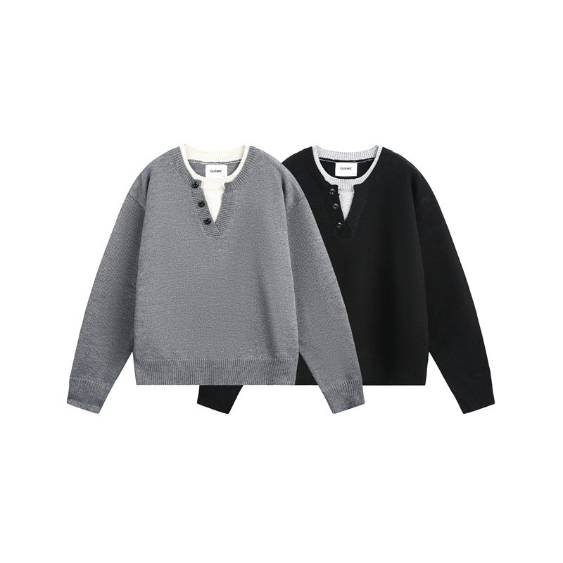 Unisex Grobgestrickter Pullover mit V‑Knopfleiste und Lagenkragen Shop Nory