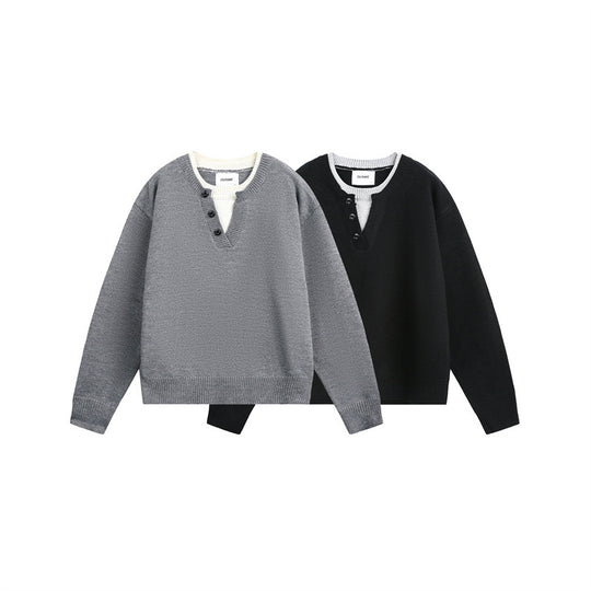 Unisex Grobgestrickter Pullover mit V‑Knopfleiste und Lagenkragen Shop Nory
