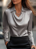 Damen Seidene Bluse mit schickem Wasserfall-Ausschnitt und lange Ärmel