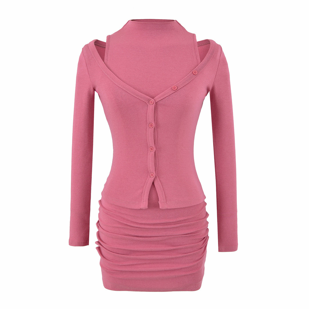 Damen Zweiteiliges Strick-Set mit integrierter Highneck-Weste und asymmetrischer Knopf-Cardigan Shop Nory