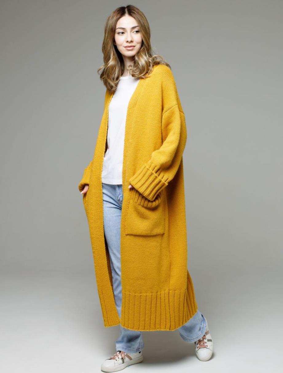 Damen bequemer langer Strickcardigan mit Taschen und breiten Ärmeln