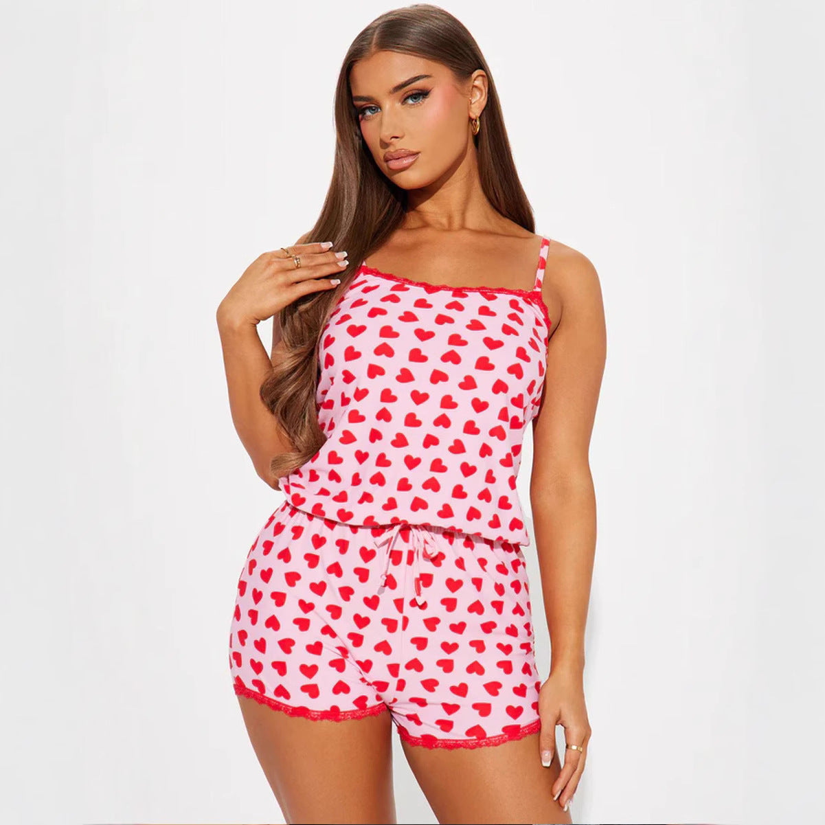 Damen gemütliches Kurzpyjama-Set mit verspielt herzförmigem Print und elastischem Taillenbund