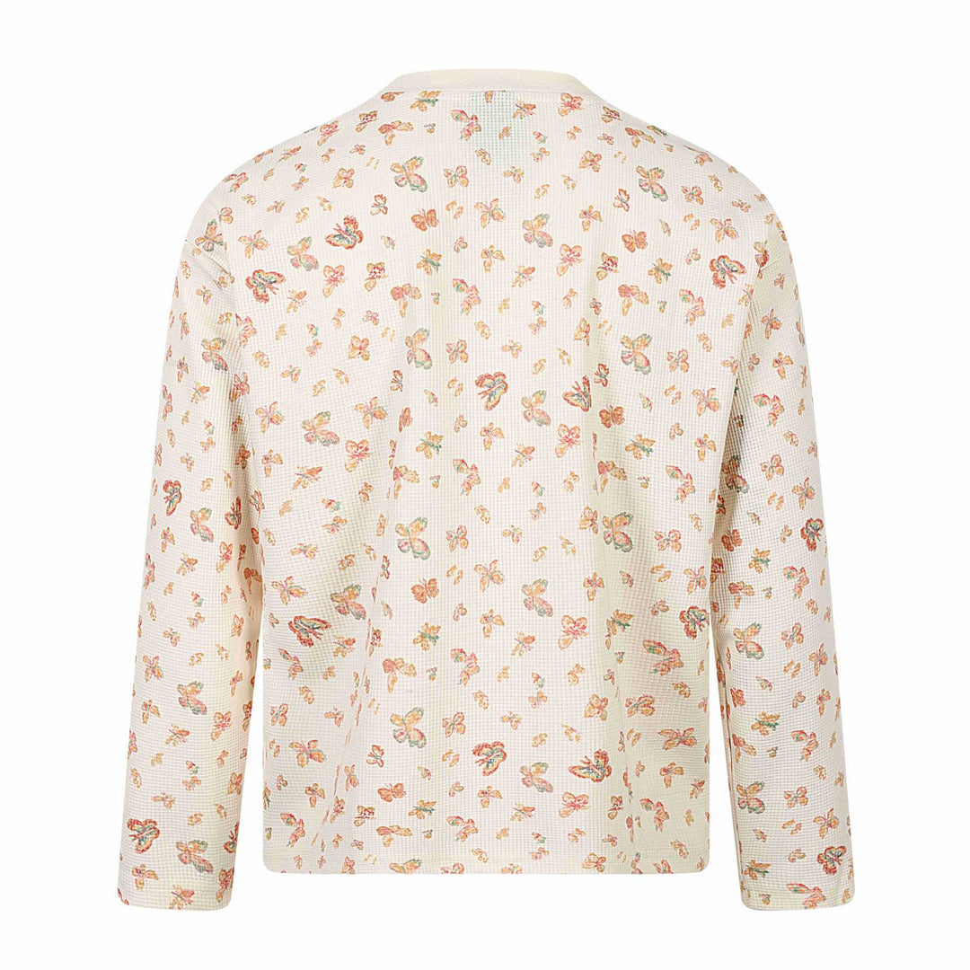 Damen Waffelstrick-Langarmshirt mit Allover-Schmetterlingsprint und Rundhals Shop Nory