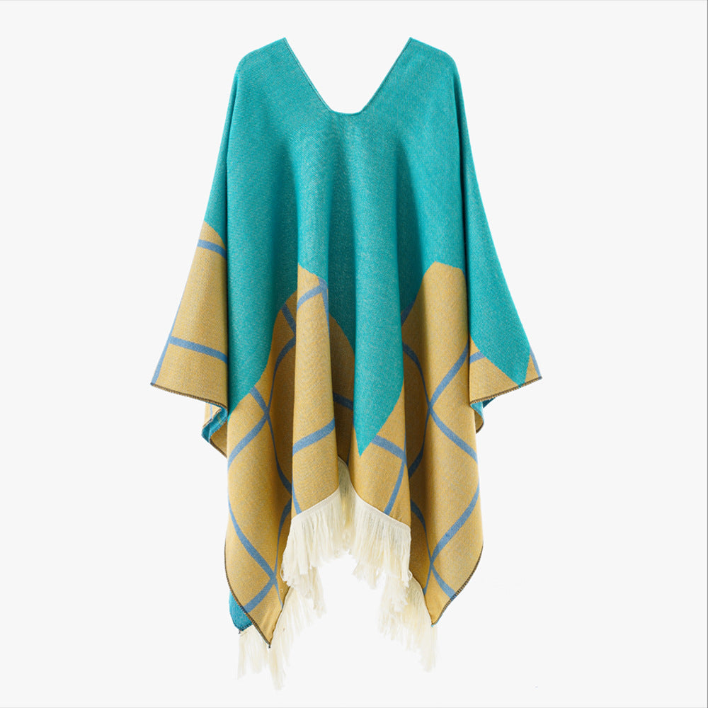 Damen Ornamentaler Jacquard‑Poncho mit V‑Ausschnitt und Fransensaum Shop Nory