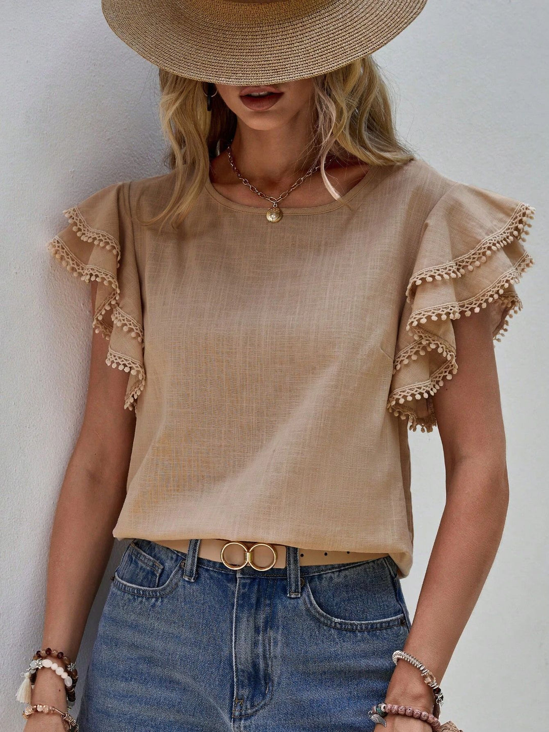 Damen Bluse mit Volantärmeln und Pompon-Spitzenbesatz Shop Nory