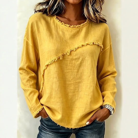 Damen Legeres Longsleeve mit diagonaler Fransenapplikation und ausgefranstem Rundhals Shop Nory