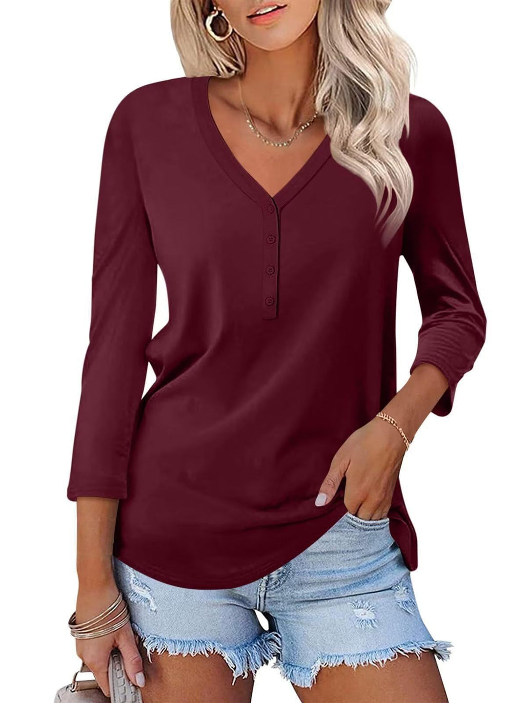 Damen Langarm T-Shirt mit Knopfleiste und V-Ausschnitt