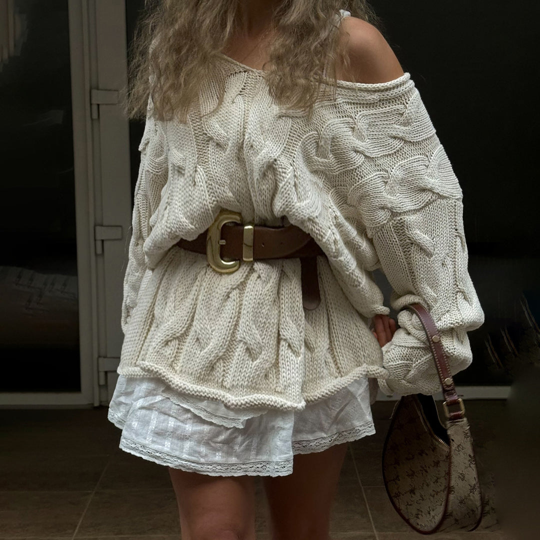 Damen nan lässiger Oversize-Strickpullover mit Zopfmuster und weitem V-Ausschnitt Shop Nory