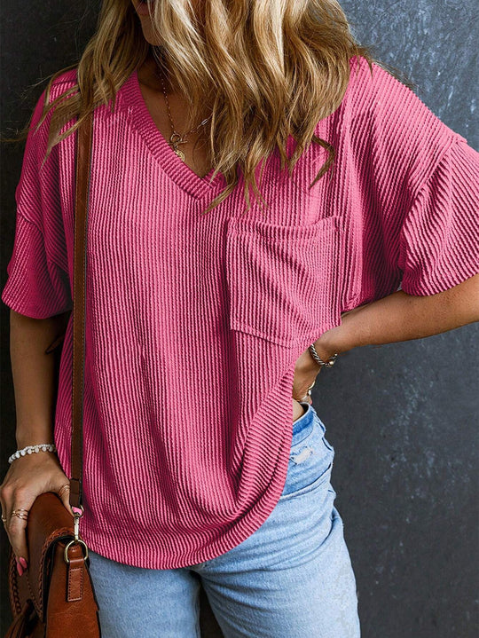Damen Lässiges Rippstrick Oversize T-Shirt mit V-Ausschnitt und Brusttasche Shop Nory