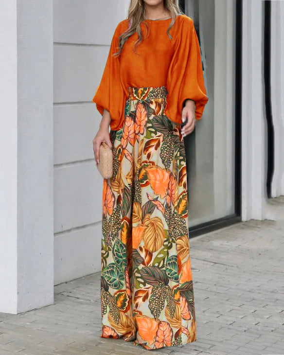 Damen Zweiteiler-Set aus Bluse mit Ballonärmeln und High-Waist Palazzo-Hose Shop Nory