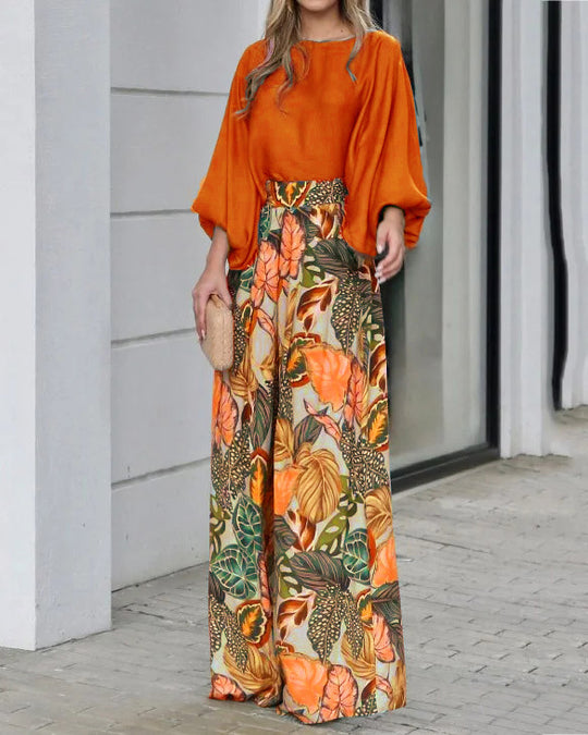 Damen Zweiteiler-Set aus Bluse mit Ballonärmeln und High-Waist Palazzo-Hose Shop Nory