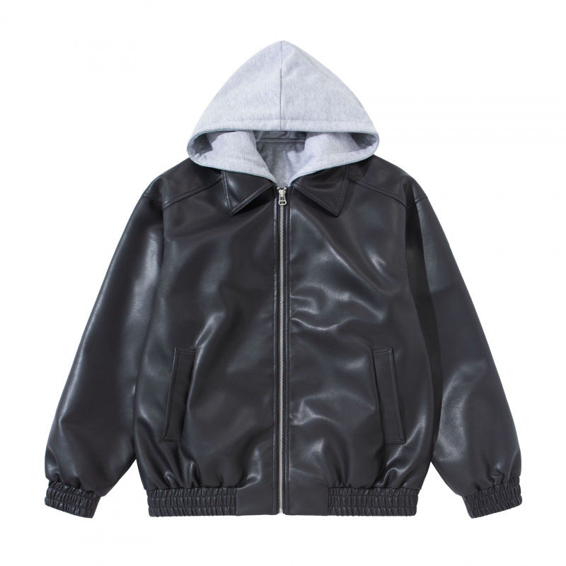 Unisex Oversize Kunstleder-Bomberjacke mit abgesetzter Kapuze, Reißverschluss und elastischem Saum Shop Nory