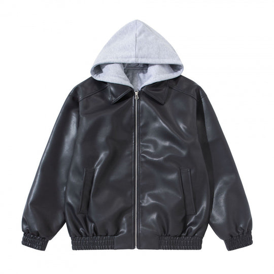 Unisex Oversize Kunstleder-Bomberjacke mit abgesetzter Kapuze, Reißverschluss und elastischem Saum Shop Nory