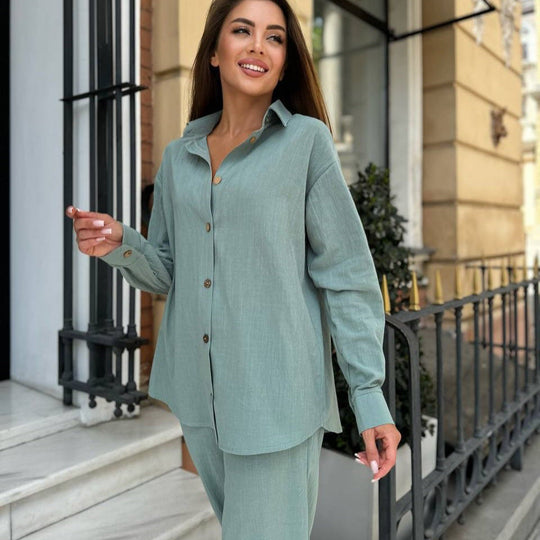 Damen elegantes und trendiges Zweiteiliges Set aus Hemd und weitem Hosen