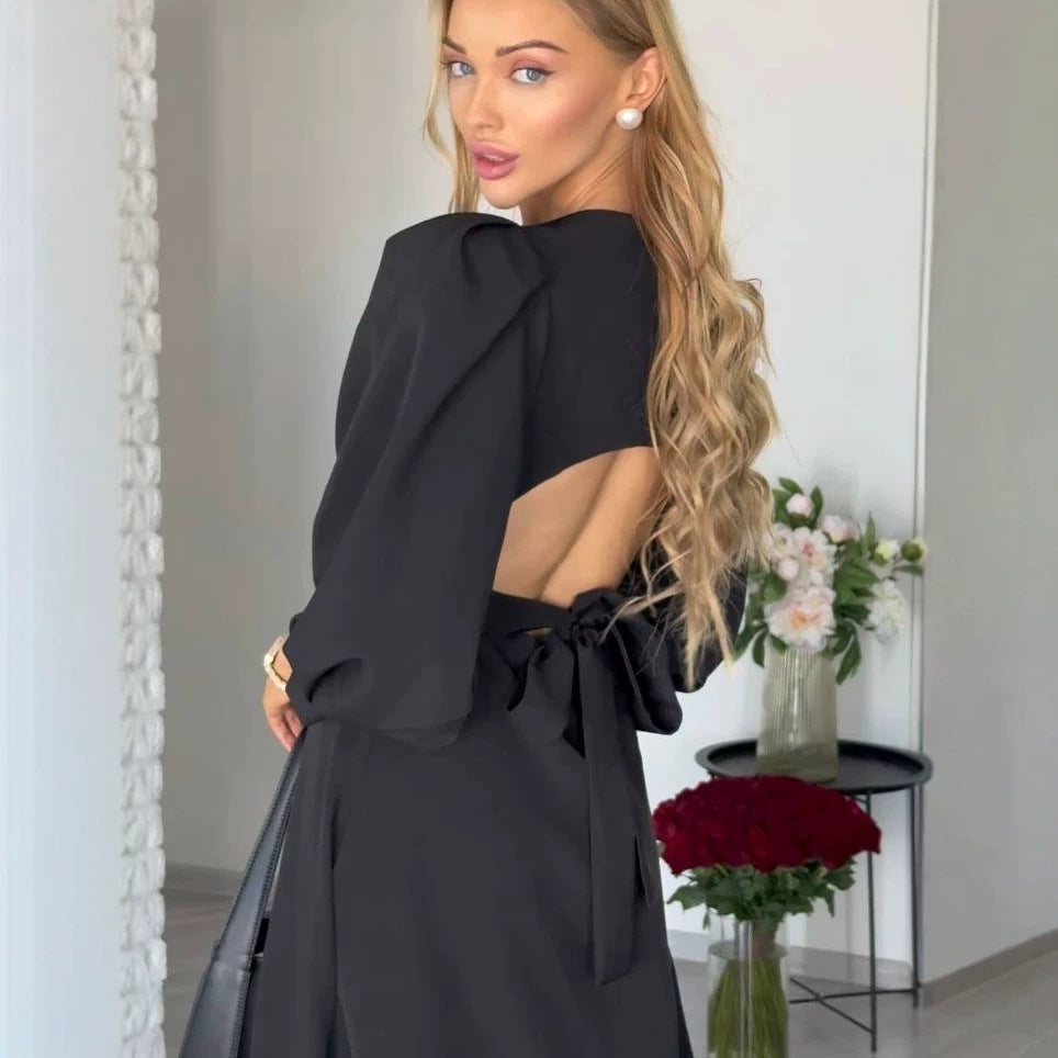 Damen Midikleid mit offenem Rückenausschnitt, voluminösen Puffärmeln und Bindegürtel Shop Nory