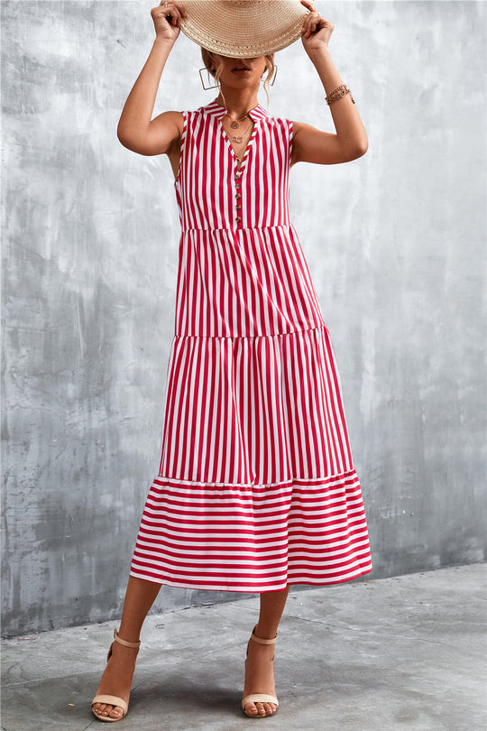 Damen Maxikleid mit gestreiftem Design, durchgehendem Knopfverschluss und voluminösem Saum