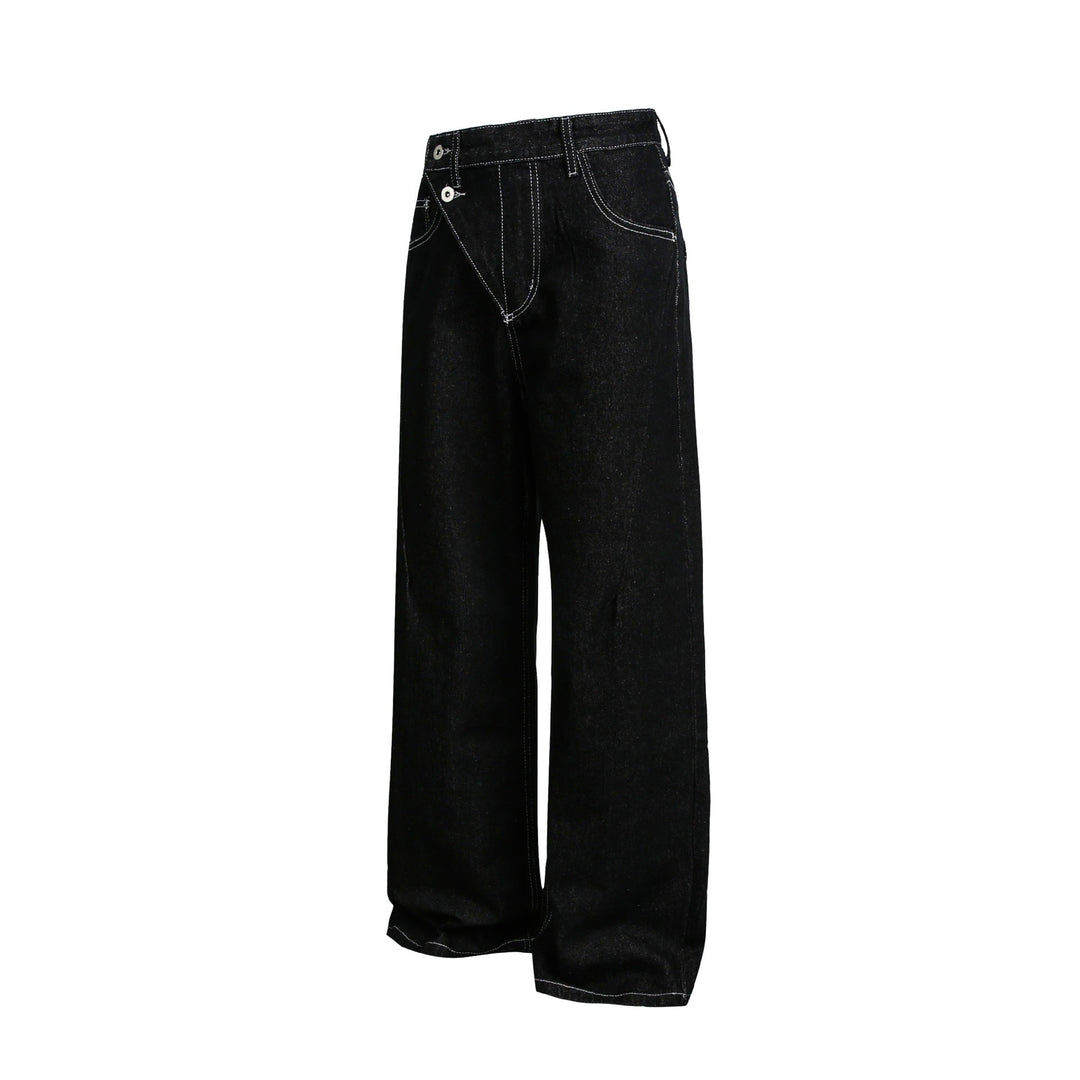 Damen Weite High-Waist Jeanshose mit asymmetrischem Knopfverschluss und Kontrastnähten Shop Nory