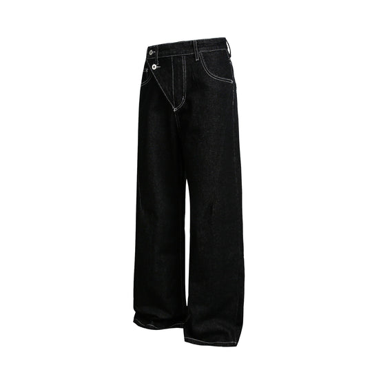 Damen Weite High-Waist Jeanshose mit asymmetrischem Knopfverschluss und Kontrastnähten Shop Nory