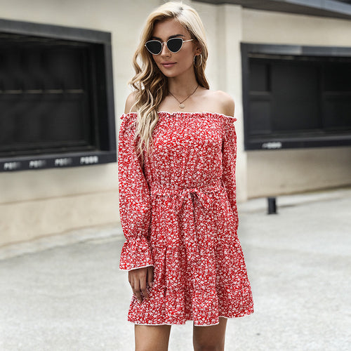 Damen schulterfreies Blumenkleid mit Carmenausschnitt, Taillenschnürung und Rüschensaum Shop Nory