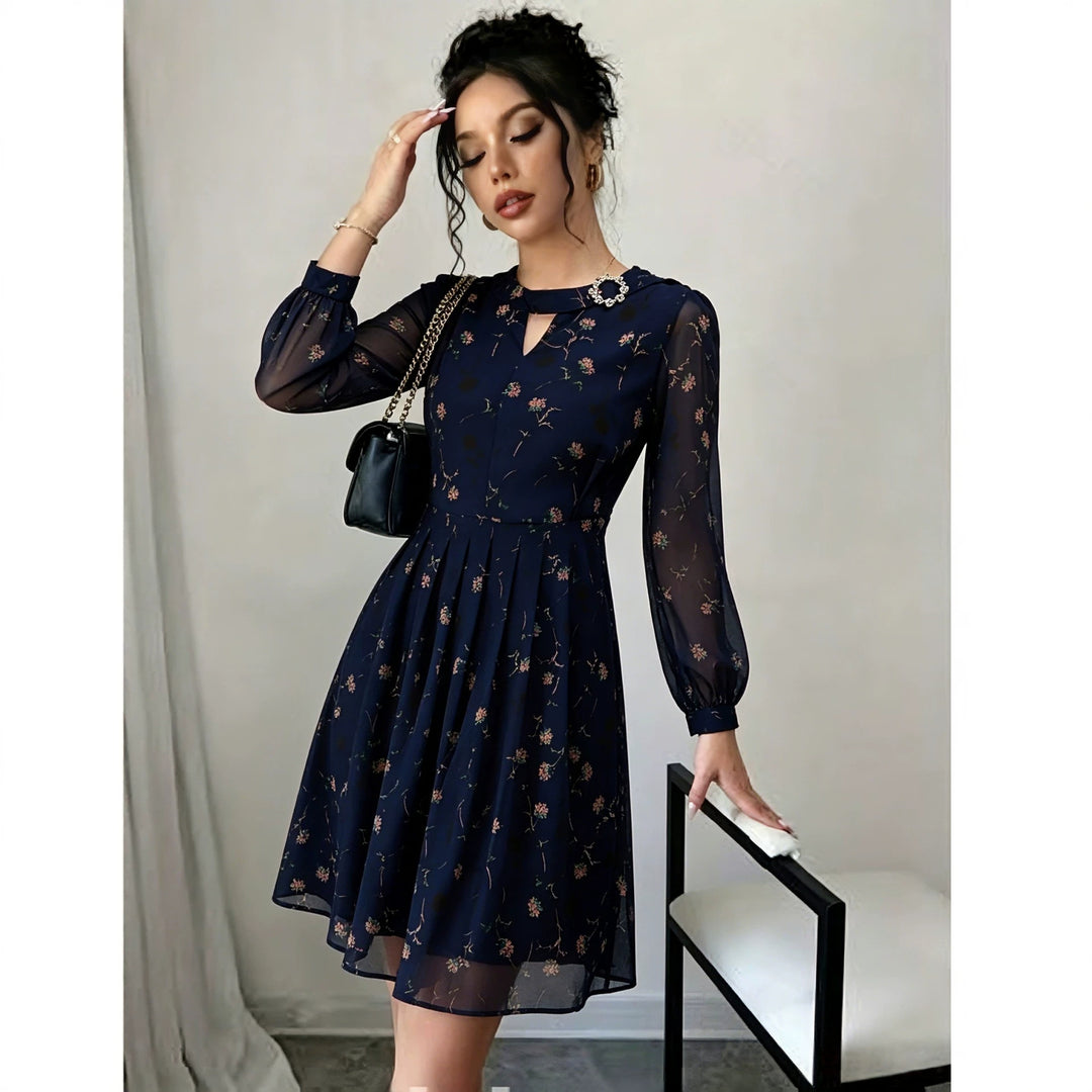Damen Chiffon-Midikleid mit plissiertem Rock, transparenten Ärmeln und Zierbrosche Shop Nory