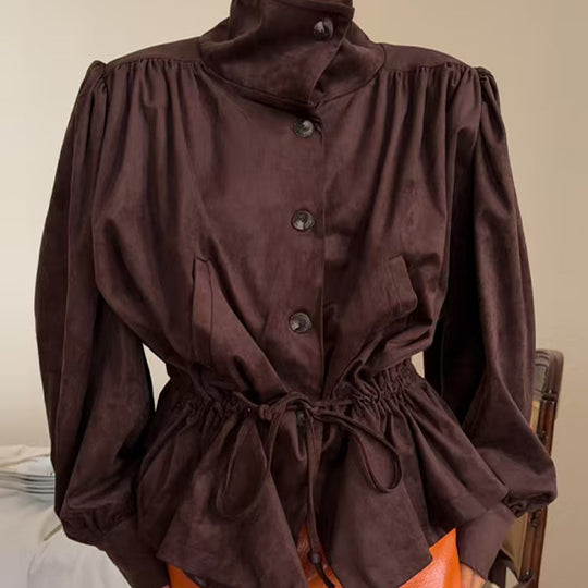 Damen Kurzjacke im Velours‑Suede‑Look mit Stehkragen, Tunnelzug und Ballonärmeln Shop Nory