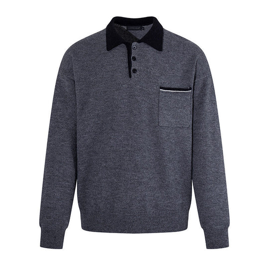 Herren Poloshirt-Strickpullover mit Knopfleiste, Brusttasche und Kontrastkragen Shop Nory
