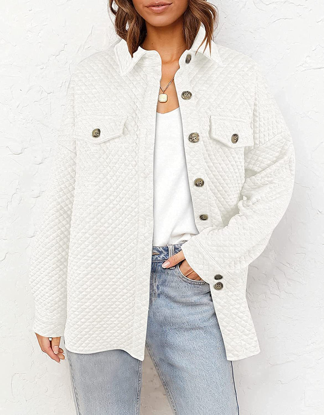 Damen Stepp Übergangshemdjacke mit Oversize Schnitt Brustpatten und Knopfleiste Shop Nory