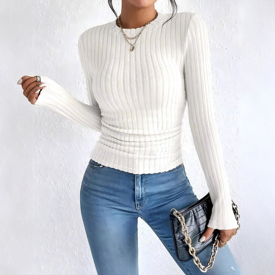 Damen Geripptes Langarmshirt mit vertikaler Plissee‑Optik und taillierter Passform Shop Nory