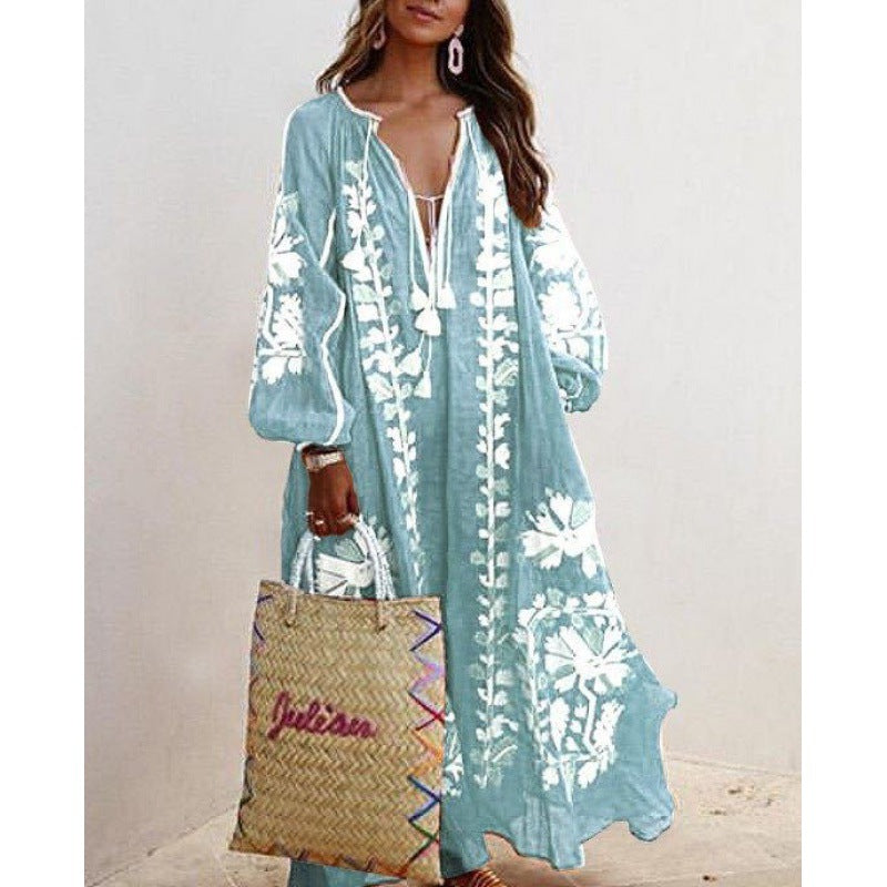Damen Besticktes Boho-Maxikleid mit Ballonärmeln und Quastenverschluss Shop Nory