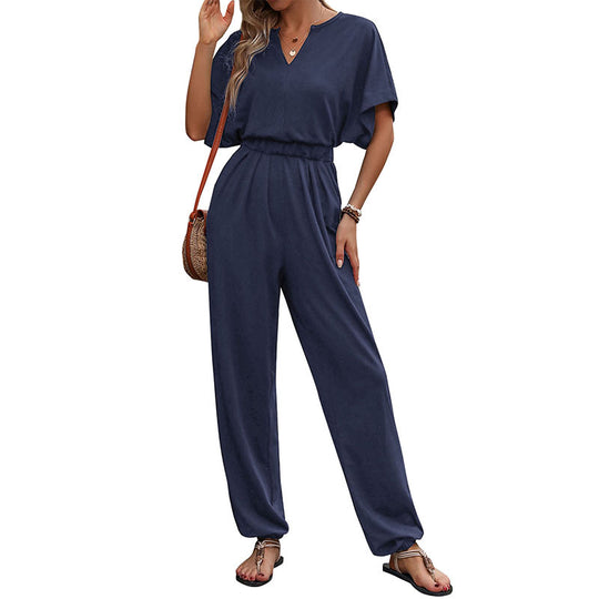 Damen Lässiger Jumpsuit mit Taillen-Smock, kurzem Fledermausärmel und elastischem Knöchelabschluss Shop Nory