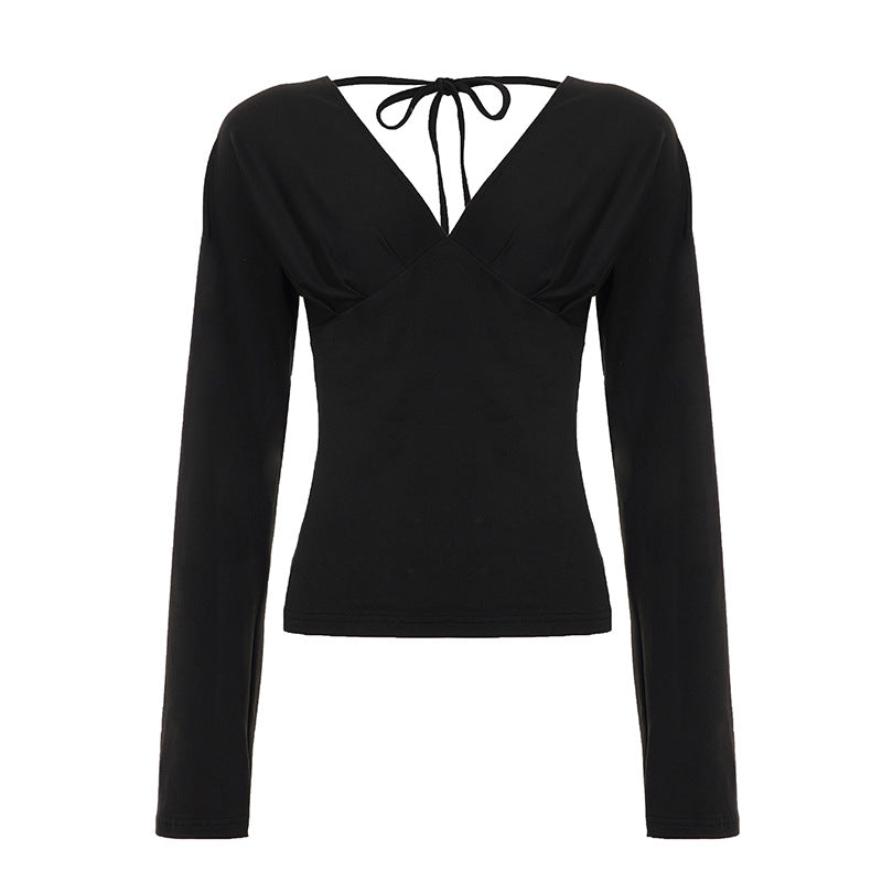 Damen nan figurbetontes Langarm-Top mit tiefem V-Ausschnitt, Nackenband zum Binden und taillierter Silhouette Shop Nory
