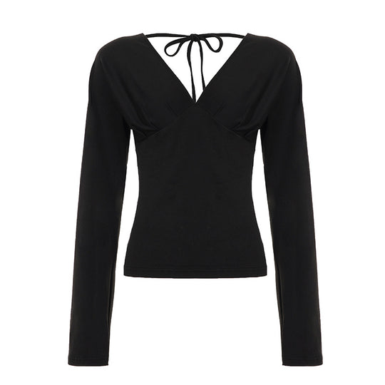 Damen nan figurbetontes Langarm-Top mit tiefem V-Ausschnitt, Nackenband zum Binden und taillierter Silhouette Shop Nory