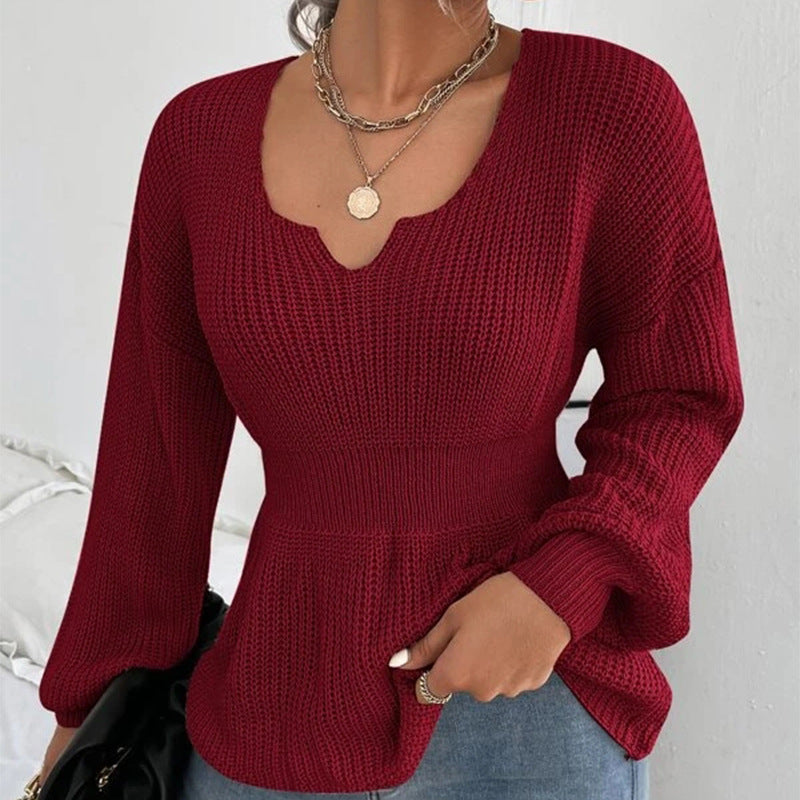 Damen Taillierter Feinstrickpullover mit eingekerbtem V-Ausschnitt, taillenbetonter Rippzone und Ballonärmeln Shop Nory