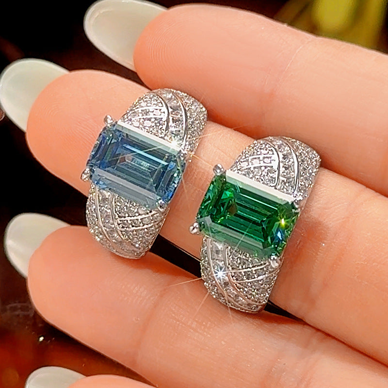 Smaragd-schliff Edelstein Cocktailring mit Pavé Zirkonia und Sterling Silberring
